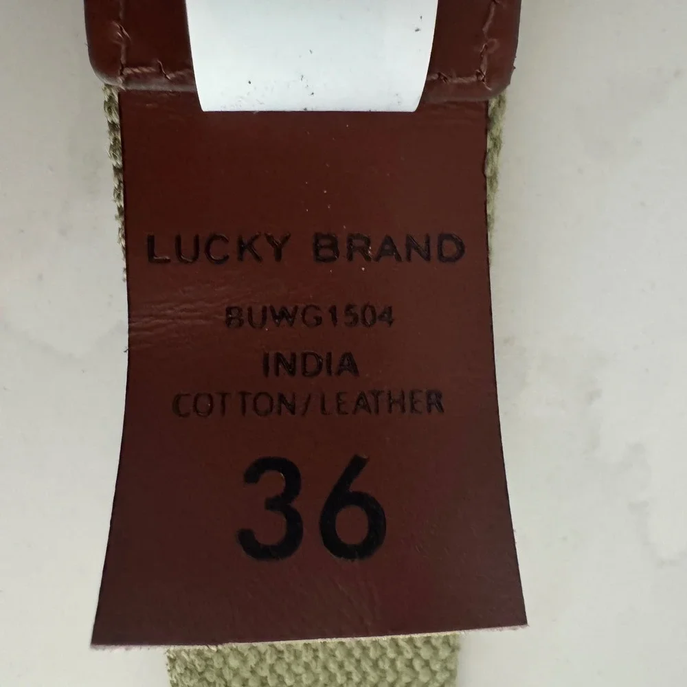 Lucky Brand D-Ring Canvas Belt Mens 36 Green Cotton Webbed‎ Leather Trim NWOT